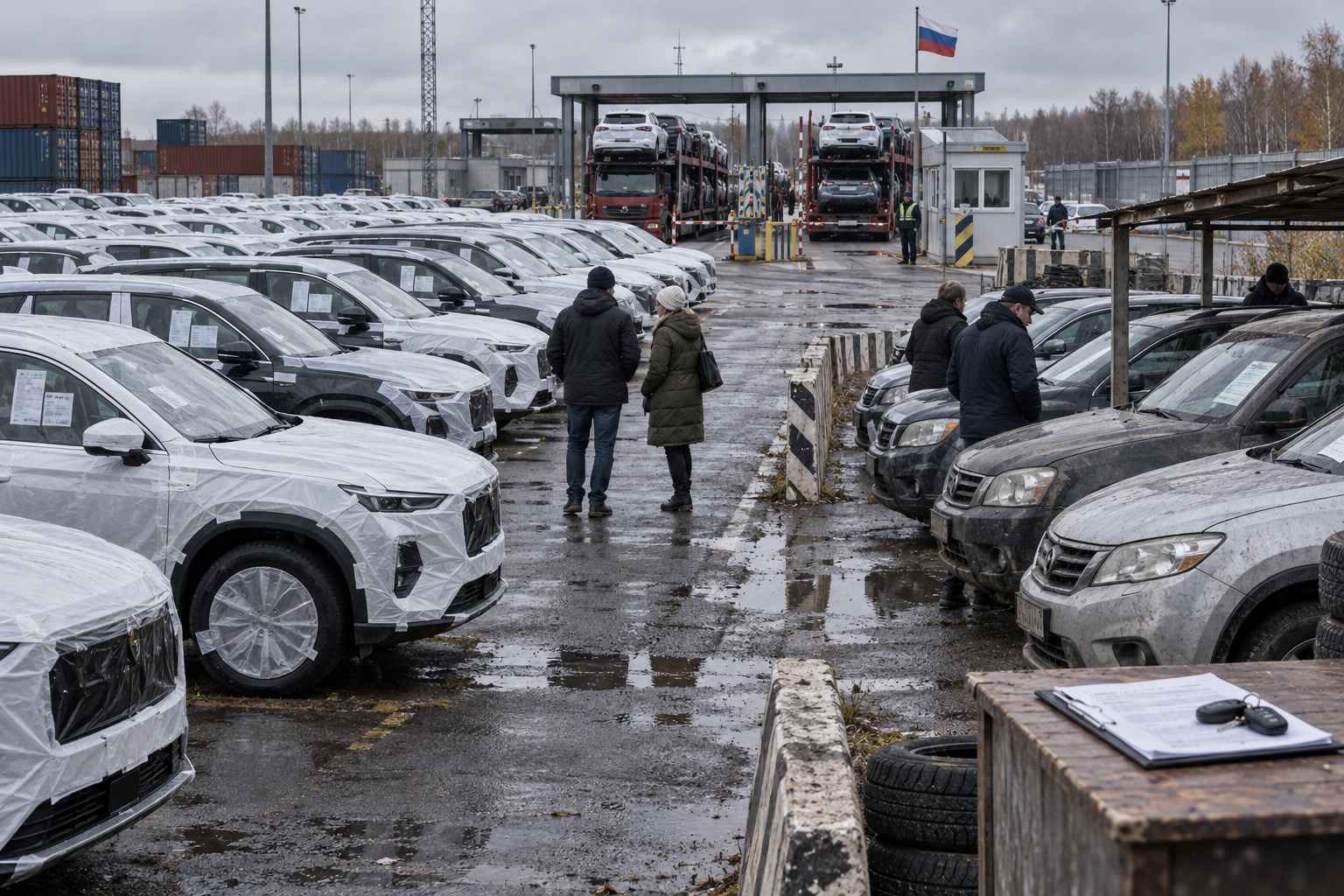 Серый приграничный склад-стоянка с автовозами, рядами новых китайских машин под защитной плёнкой и отдельной зоной трейд-ин показывает, что поток импорта растёт, а покупатель выбир