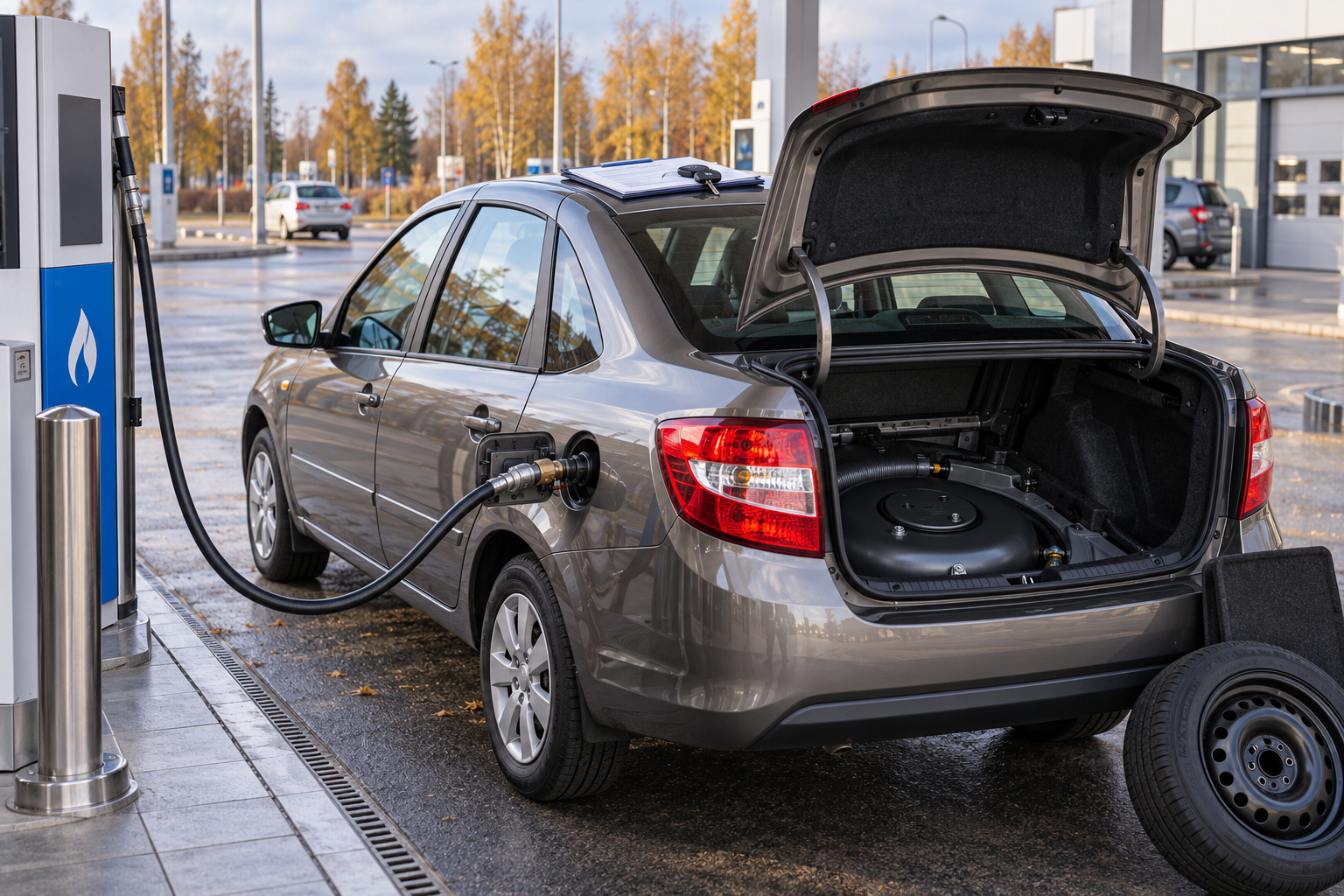 Lada Granta at a clean LPG forecourt shows a factory-fitted toroidal propane tank in the spare-wheel well while fueling through the standard filler flap, with the displaced spare w