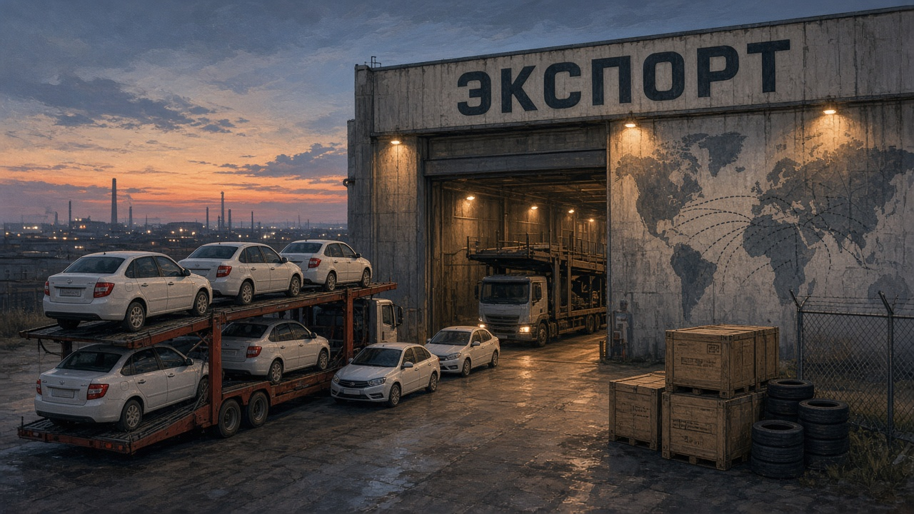 White Lada sedans queued on car-carrier trucks at an AvtoVAZ export gate, with a hand-painted world-route map on the factory wall signaling shipments to dozens of countries abroad.