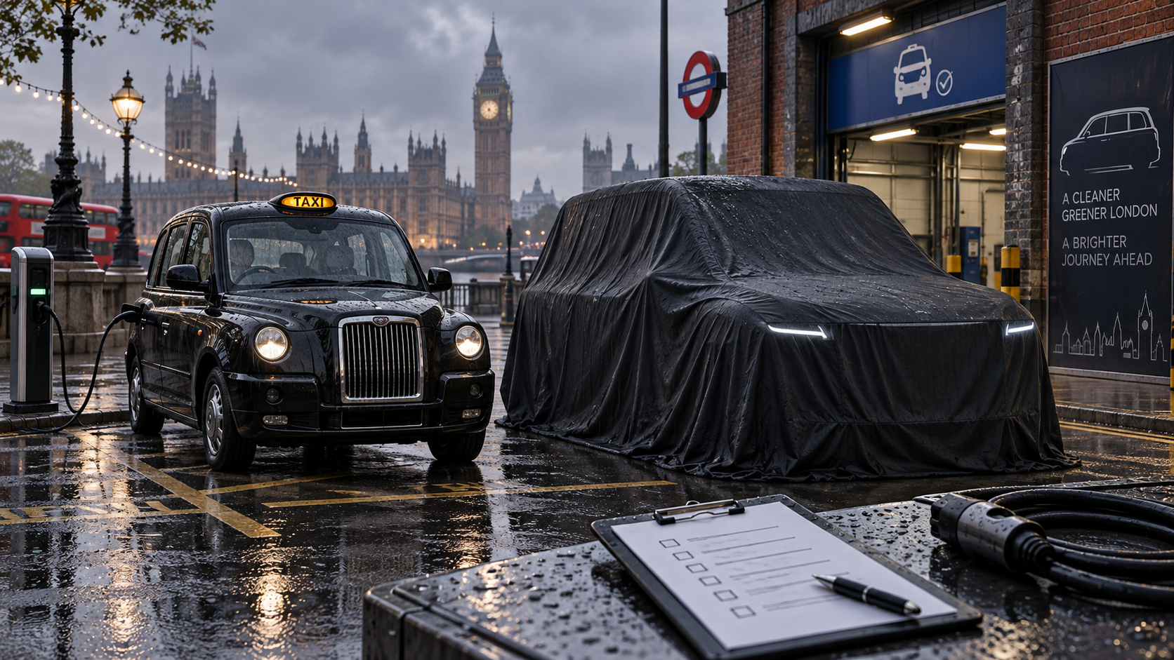 Covered next-generation London black cab prototype waits beside a current taxi at a rainy TfL-style inspection bay, with EV cable and compliance clipboard emphasizing the regulated