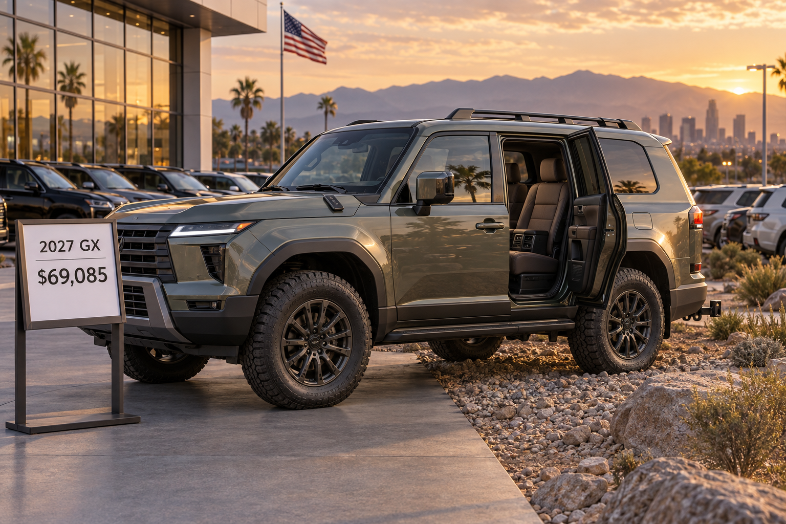 A boxy 2027 GX-style luxury off-roader sits on a Lexus dealership lot between pavement and a gravel berm beside a “2027 GX / $69,085” price placard, tying the unchanged SUV to its