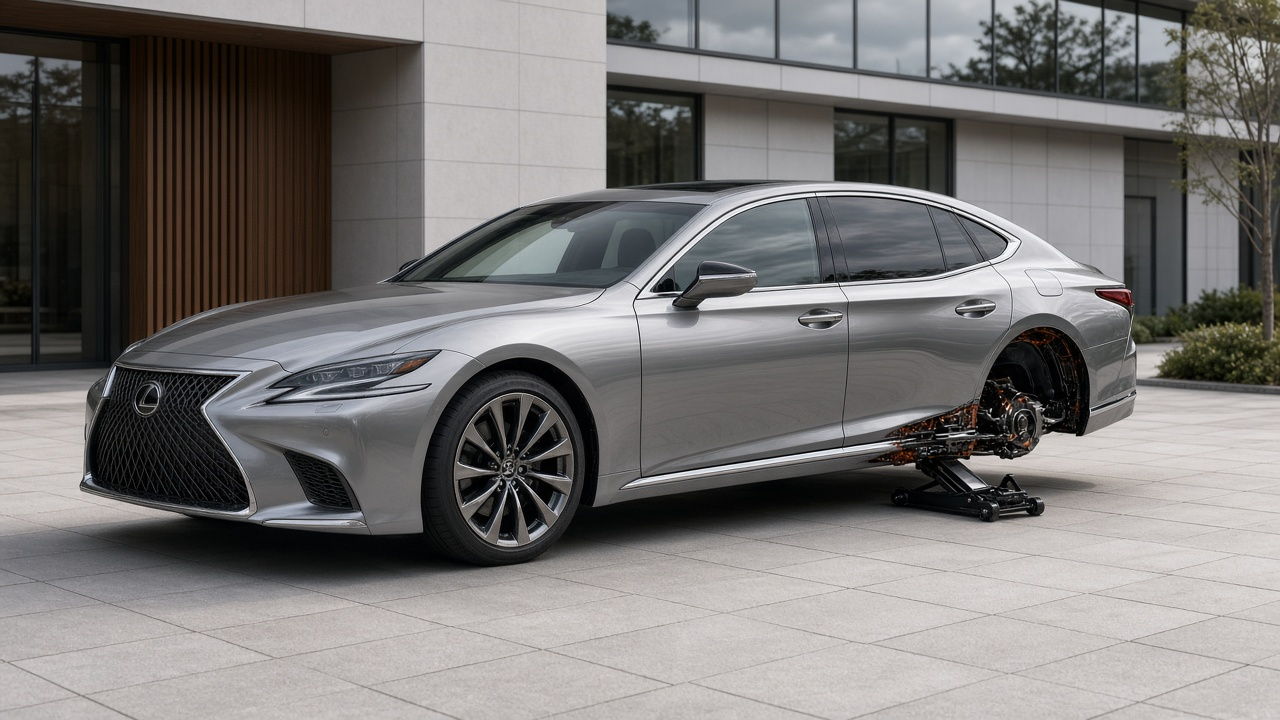 A silver Lexus LS with its panoramic glass roof gleaming on a Japanese dealership courtyard, one rear wheel removed to expose reinforced underbody bracing and amber structural resi