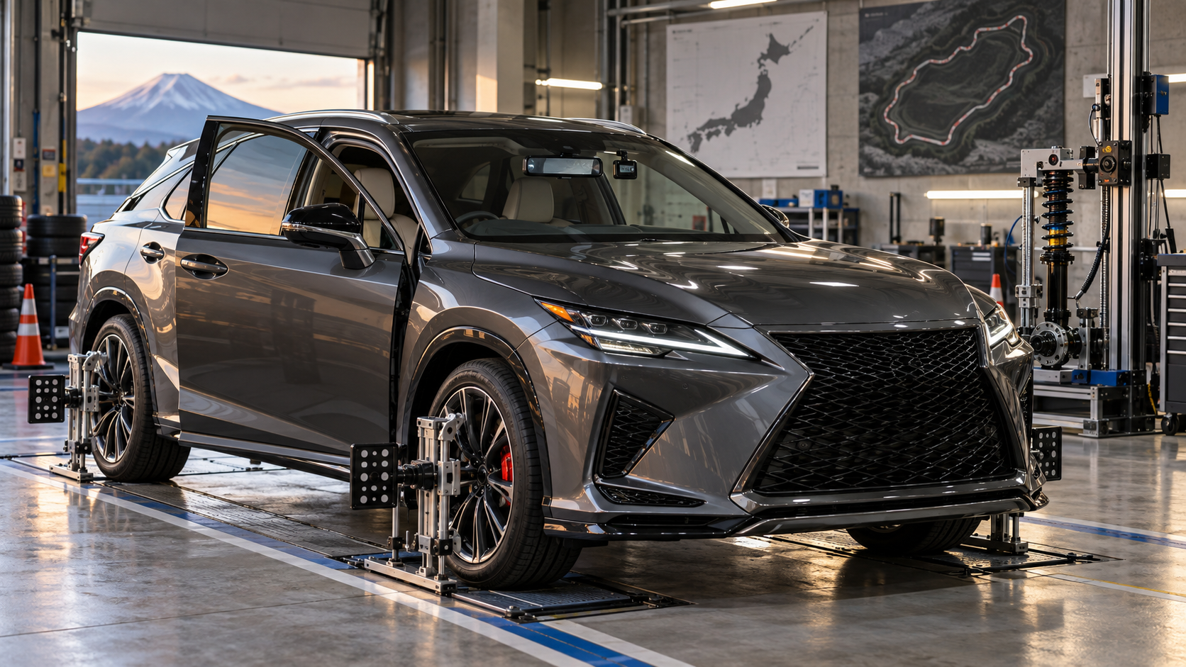 Lexus RX стоит в японском сервисном боксе на стенде настройки рулевого управления и подвески, с видимым красным суппортом, цифровым зеркалом и видеорегистратором как признаками скр