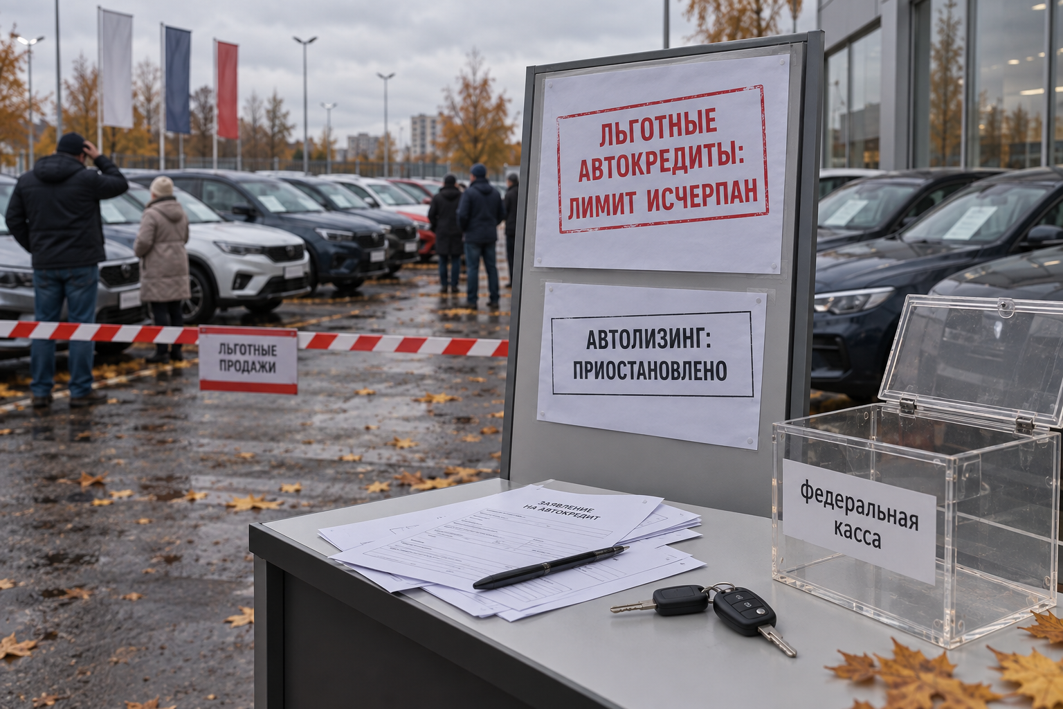 У дилерского ряда новые машины перекрыты лентой, а рядом стоит пустая «федеральная касса» и объявление, что лимит льготных автокредитов и автолизинга исчерпан.