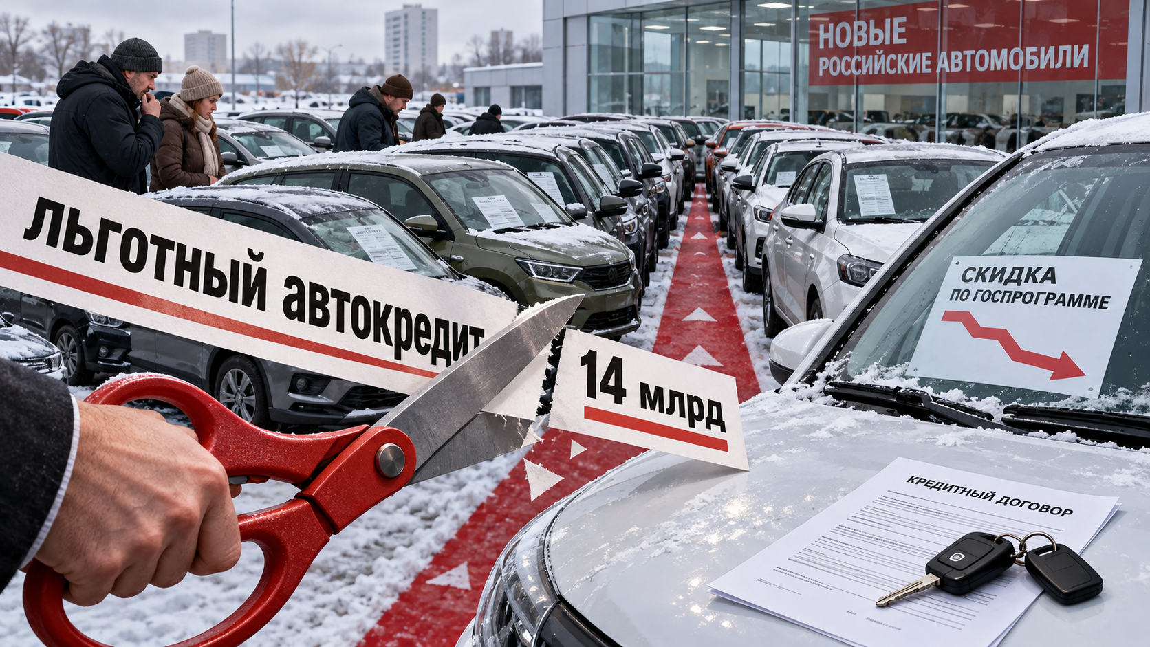 На зимней площадке автосалона тесные ряды новых российских машин упираются в разрезанную бумажную ленту «льготный автокредит» с отметкой «14 млрд».