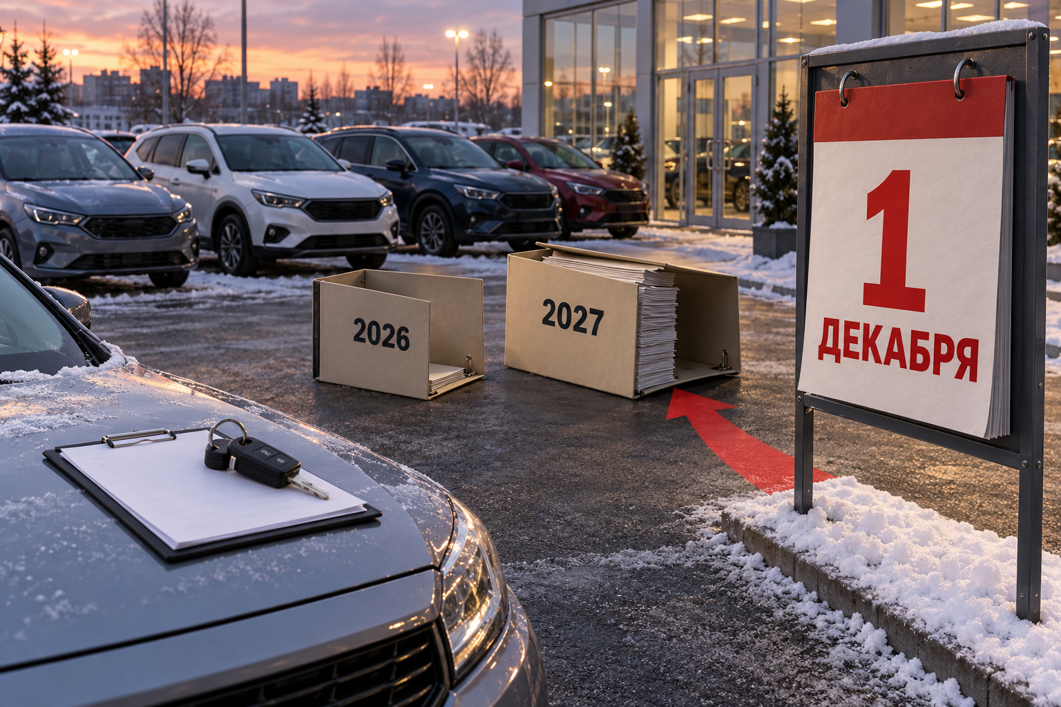 Заснеженная дилерская площадка с календарём на 1 декабря и папкой бюджета 2027 года, подтянутой к автомобилям.