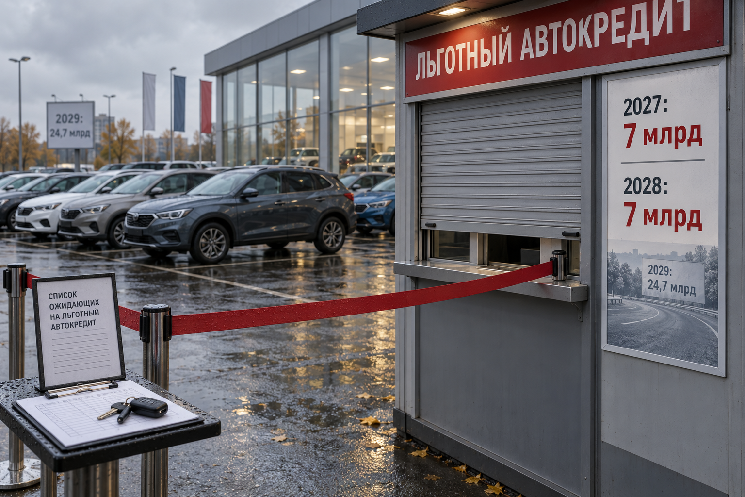 Полуприкрытое окно льготного автокредита на дилерской стоянке и сжатые строки бюджета показывают, что программа продаж машин остаётся, но денег на 2027–2028 годы становится резко м