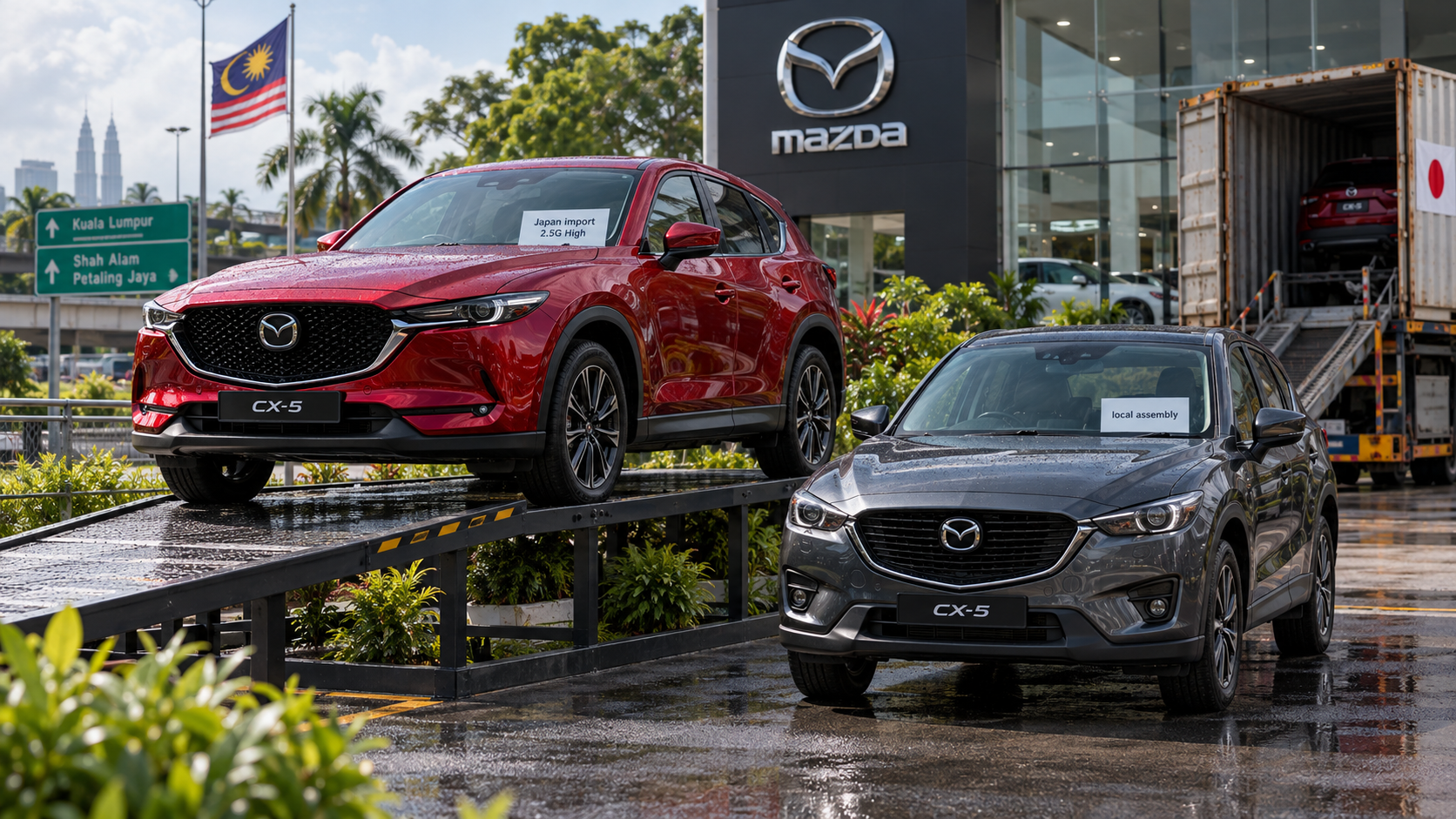 Two CX-5 generations sit on different dealership lot levels in Malaysia, with the new Japan-import car above and the locally assembled older model below.