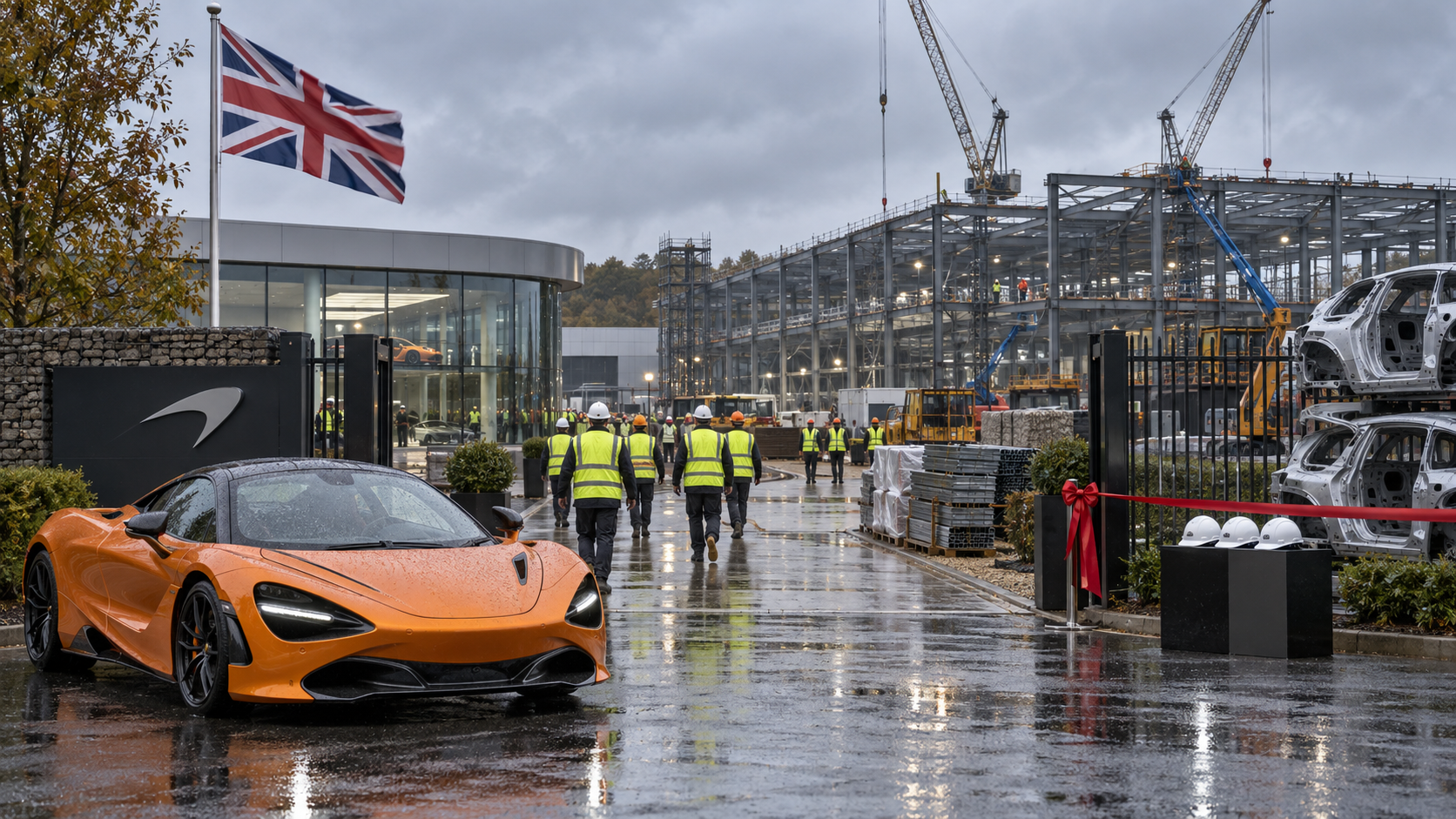 A rainy UK factory gate with construction cranes, a Union Jack, workers, and an orange supercar silhouette signals McLaren’s £500m British manufacturing expansion.