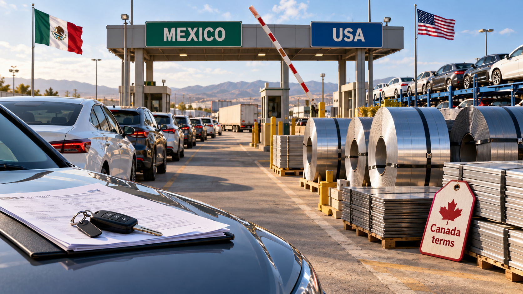 На пограничном автопункте между MEXICO и USA машины, сталь и алюминий ждут под наполовину поднятым тарифным шлагбаумом, а сбоку видна отметка Canada terms как ориентир для сделки.