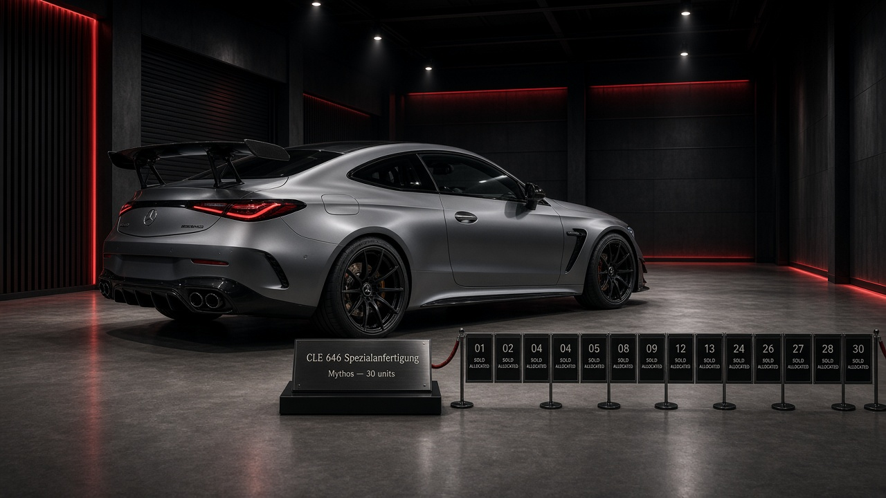 В тёмном AMG-боксе под прожекторами стоит широкий CLE с карбоновым крылом и гоночными ковшами, а перед ним — тридцать бирок «продано», как у уже разобранного тиража Mythos CLE 646.