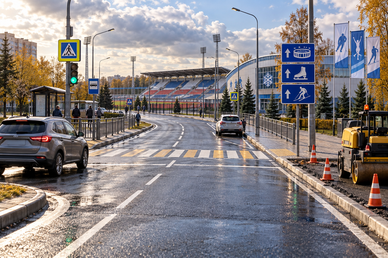 Freshly resurfaced Russian access road with new markings, crossing, lights and bus stop leading directly to a stadium and ice sports complex.