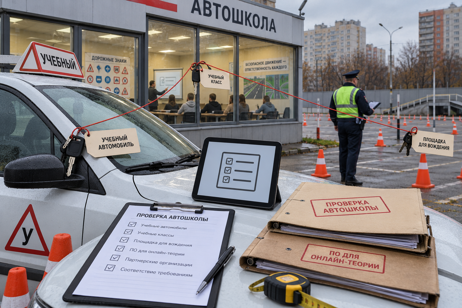 Учебная машина во дворе автошколы окружена конусами, папками проверки, рулеткой и планшетом с онлайн-теорией, показывая, что инспекция МВД теперь смотрит не только площадку и класс