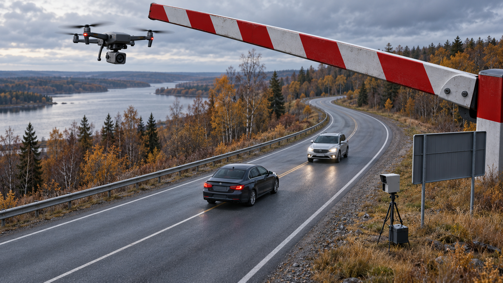 Камера-дрон над трассой остановлена шлагбаумом, пока автомобиль пересекает разделительную линию.