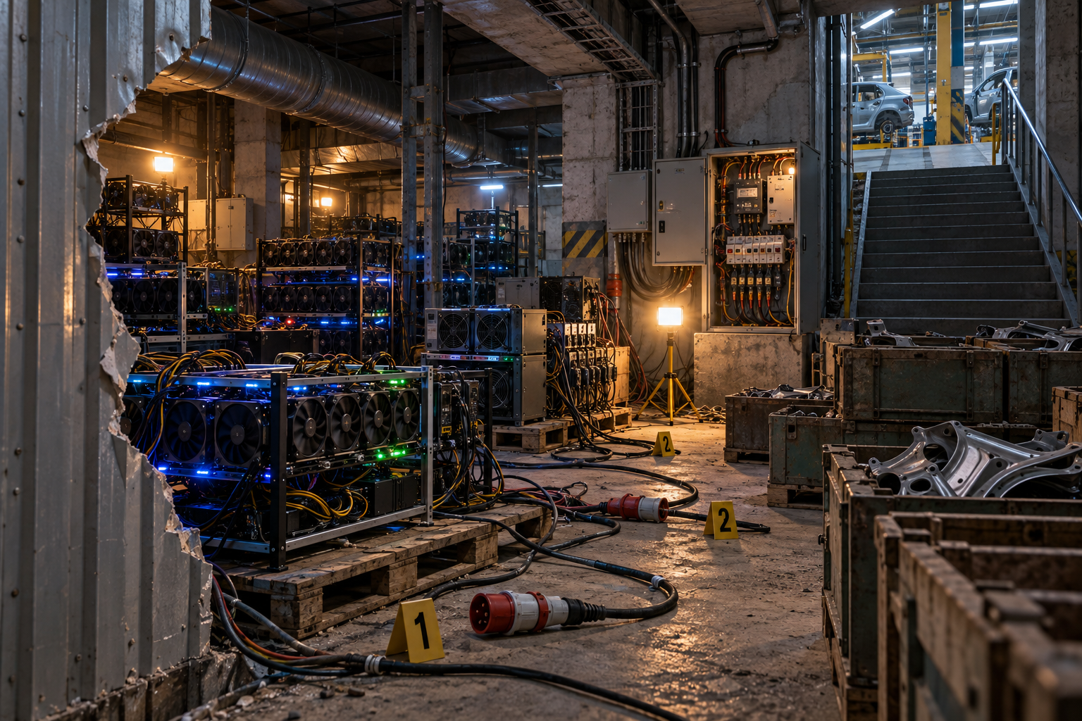 Hidden GPU mining rigs glow behind a removed sheet-metal wall in the basement of an automotive parts factory, with factory equipment and raid evidence tying the scene to the UAZ co
