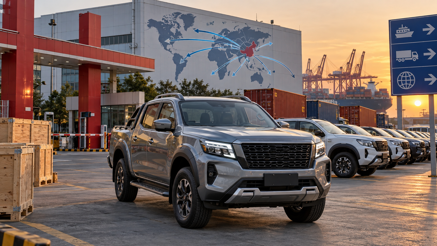 Китайский заводской экспортный двор с новым пикапом Frontier/Navara Pro, контейнерами и маршрутами поставок показывает, что модель уходит с китайской производственной базы на миров