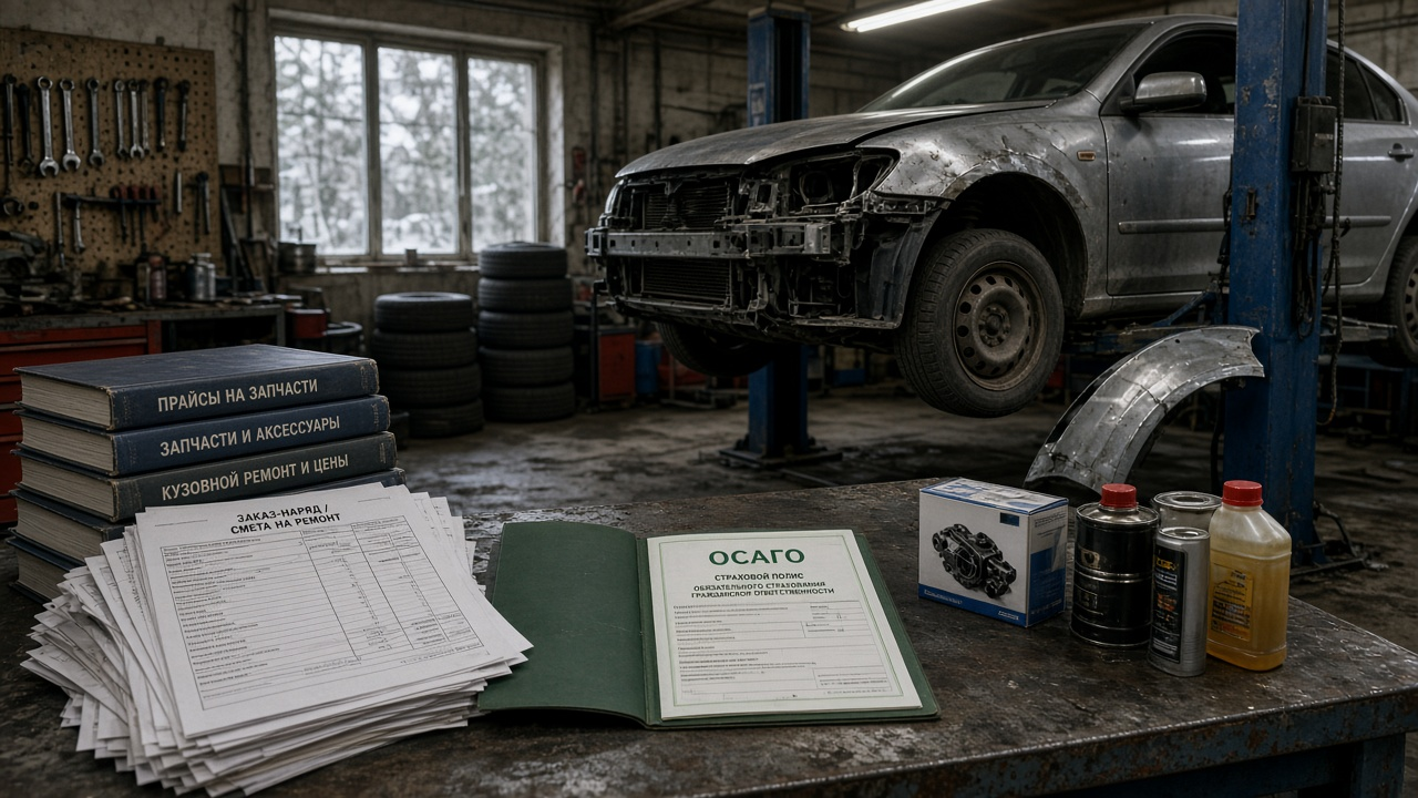 A damaged car on a lift in a Russian body shop, with new repair pricing reference books and an OSAGO claim folder piled beside genuine parts — repair payouts overtaking policy reve