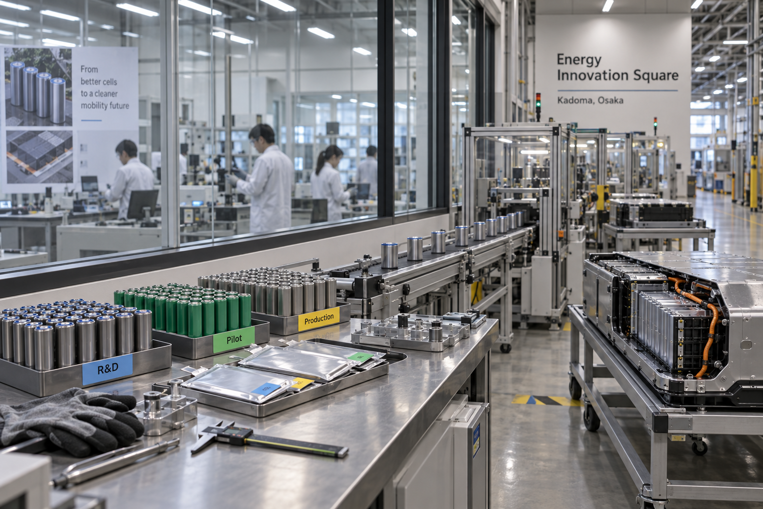 Внутри осакского батарейного R&D-хаба образцы литий-ионных ячеек движутся от лабораторного стола к пилотной производственной линии.