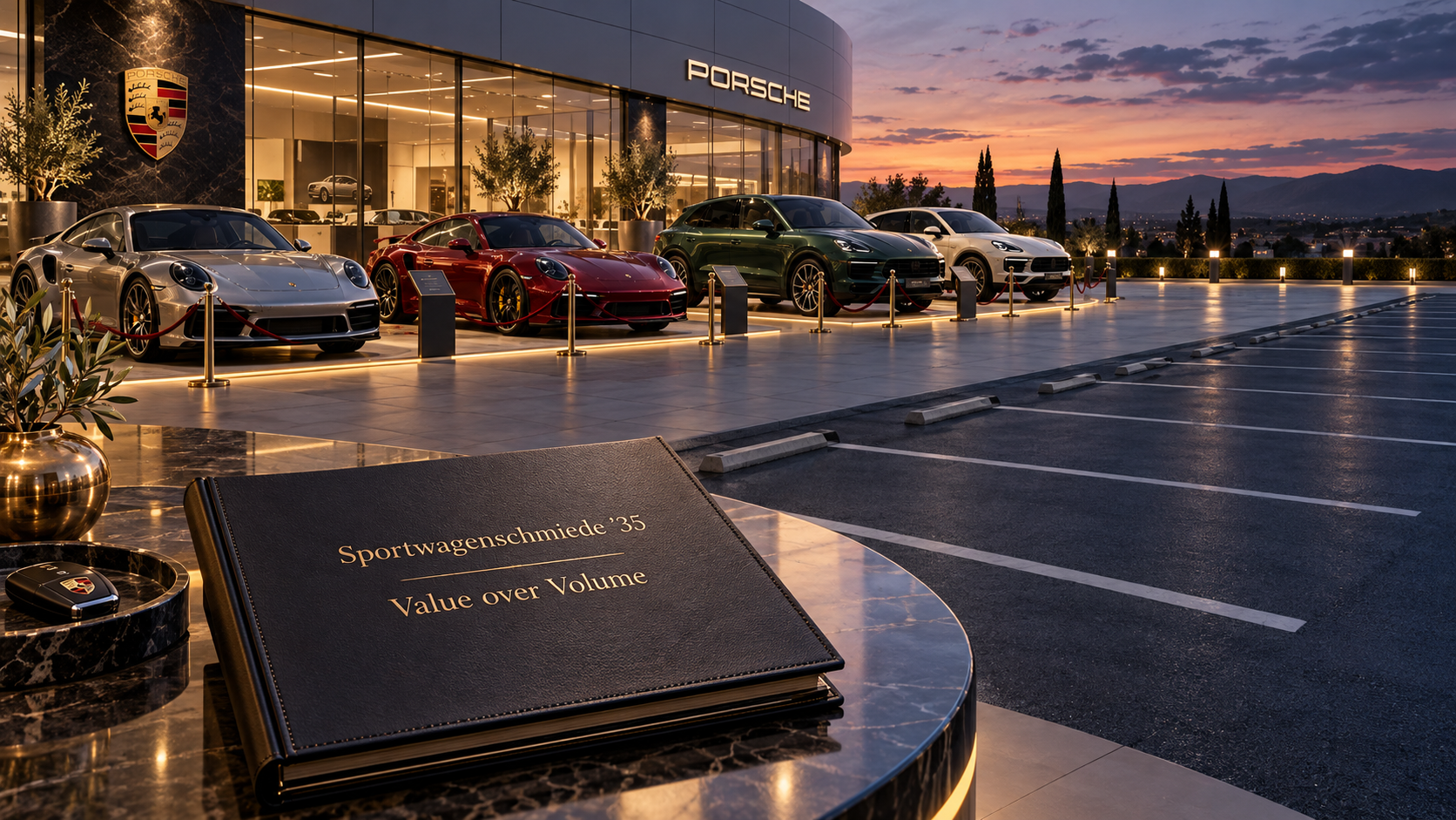 Редкие Porsche-подобные автомобили стоят с большими пустыми промежутками у премиального шоурума, а на переднем плане лежит папка стратегии “Sportwagenschmiede ’35 / Value over Volu