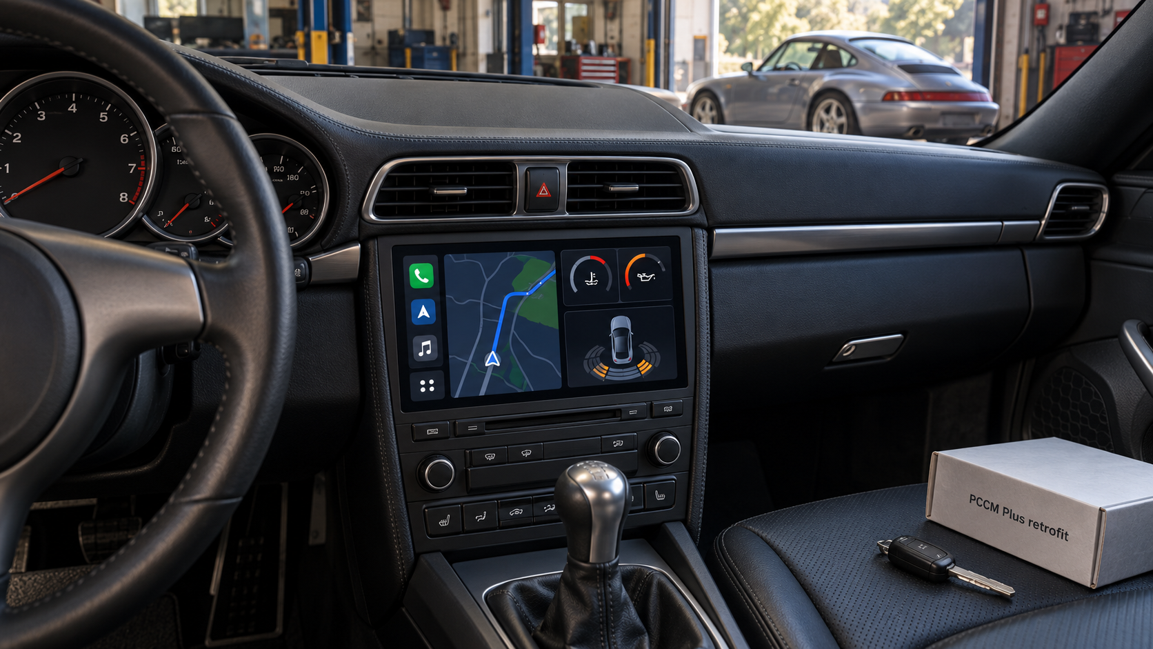 Заводской мультимедийный retrofit аккуратно встроен в салон старого Porsche в сервисной зоне, показывая современную навигацию и подключение без кустарного планшета.