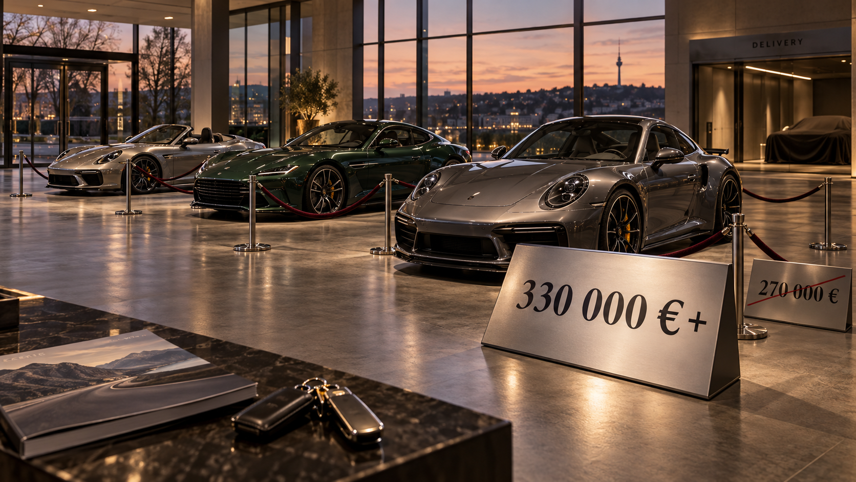 Empty luxury showroom with only three unbadged Porsche-like sports cars behind ropes and price placards showing the jump from 270 000 € to 330 000 €+.