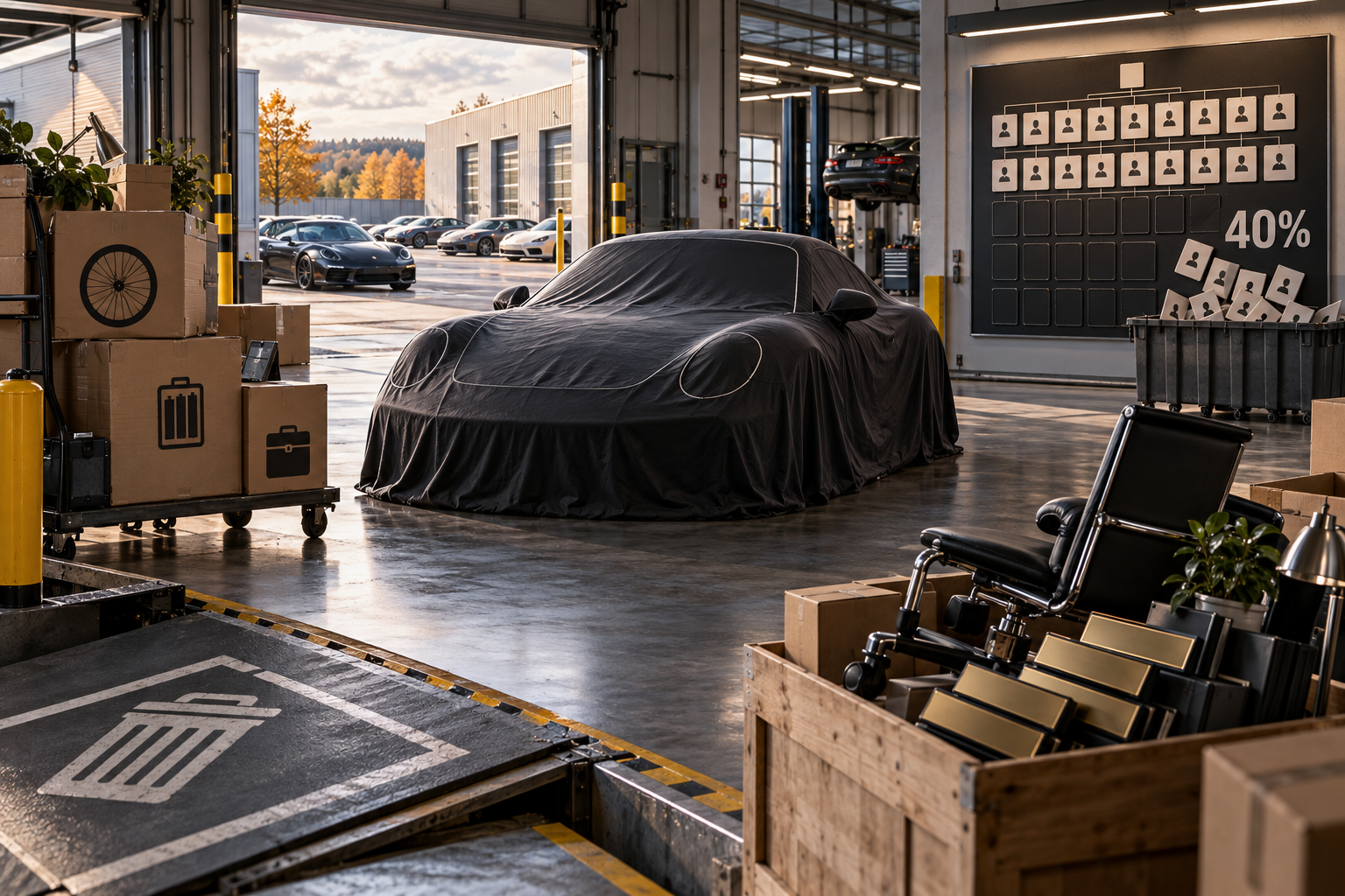 Covered sports car preserved at the center of a dealership garage while boxes for side projects and removed manager cards marked 40% are cleared out around it.