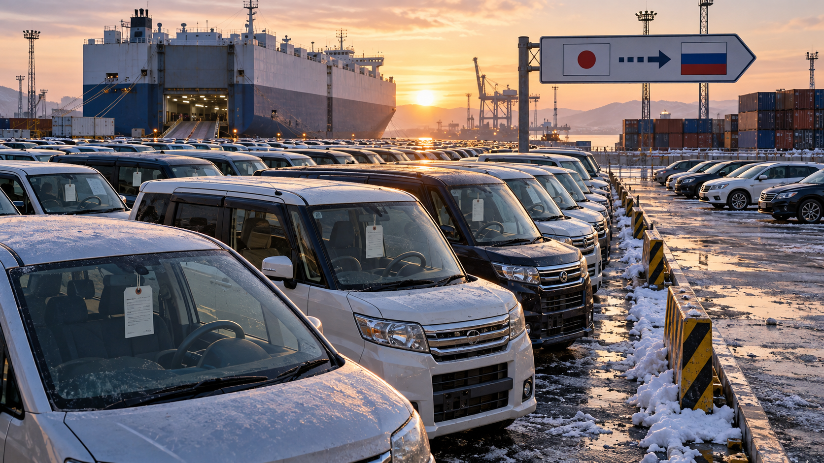 A Russian port holding yard is filled with imported used Japanese cars whose right-side steering wheels are visible through the windshields, while a smaller left-hand-drive row sit