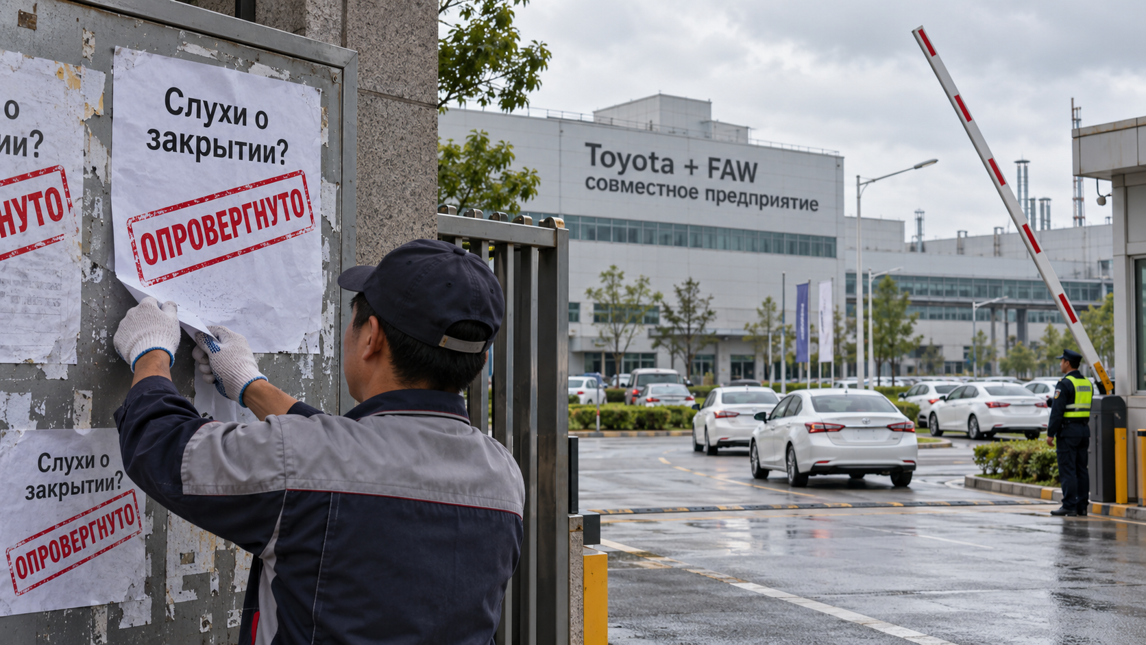 Открытые ворота совместного предприятия Toyota + FAW и объявление «Слухи о закрытии?» с красным штампом «ОПРОВЕРГНУТО» показывают, что завод не закрывается.