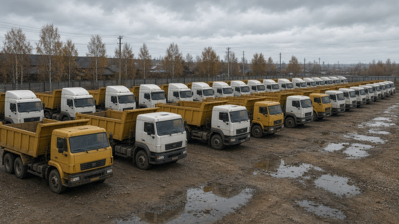 На пустой дилерской площадке под осенним небом стоят непроданные самосвалы и тягачи — ряды тяжёлой техники без движения и покупателей.