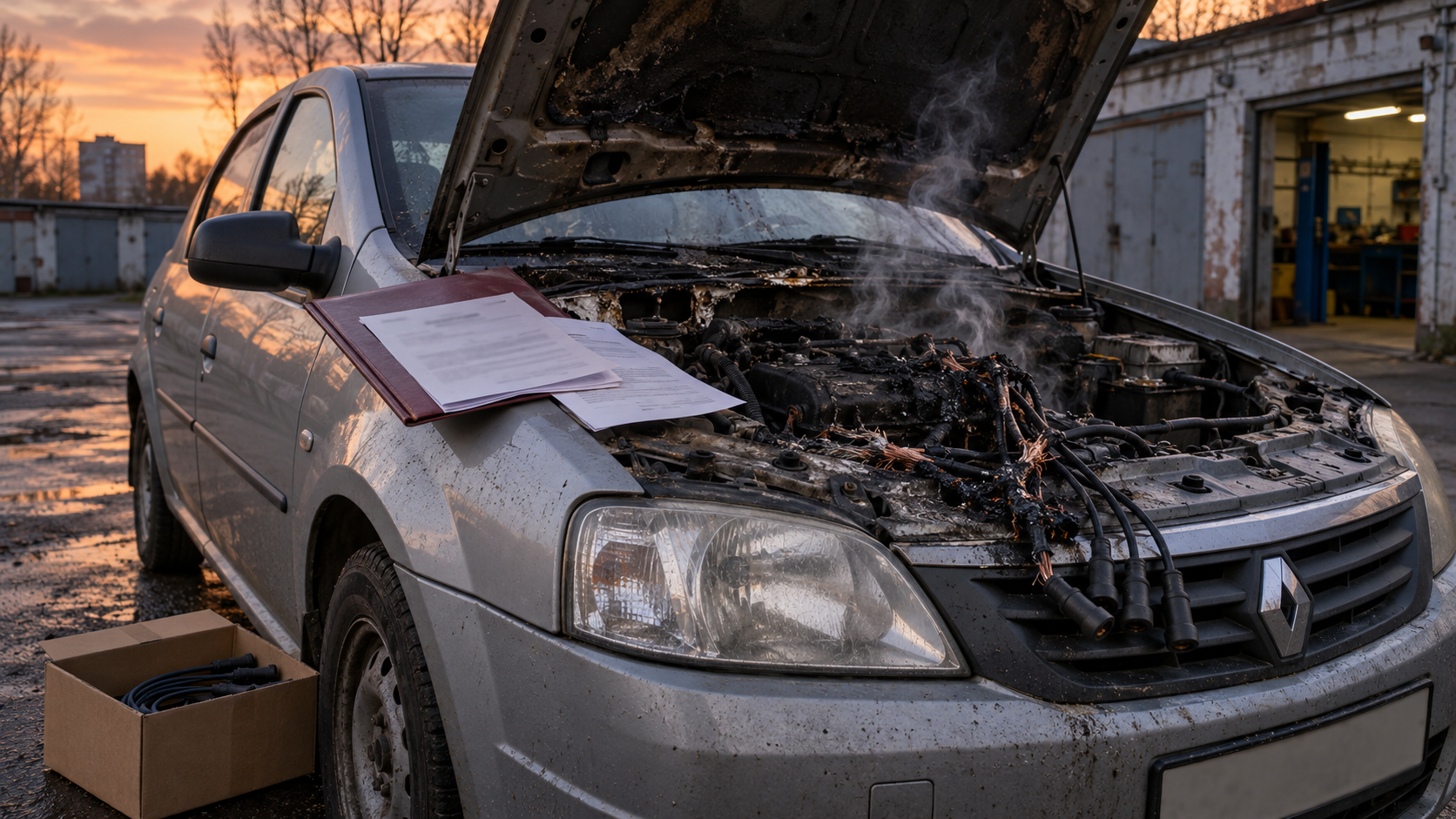 Обгоревший Renault Logan с повреждёнными высоковольтными проводами в сервисном дворе показывает, как дешёвая деталь обернулась крупным судебным счётом.