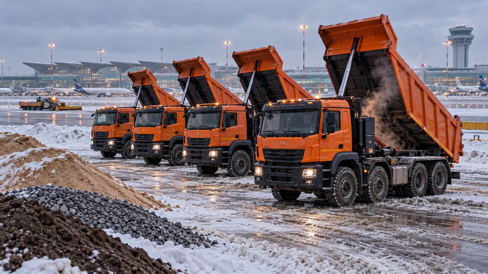 Four heavy orange KAMAZ dump trucks line up in a snowy Pulkovo airport service yard beside piles of sand and gravel, with runway lights and terminal structures in the background.