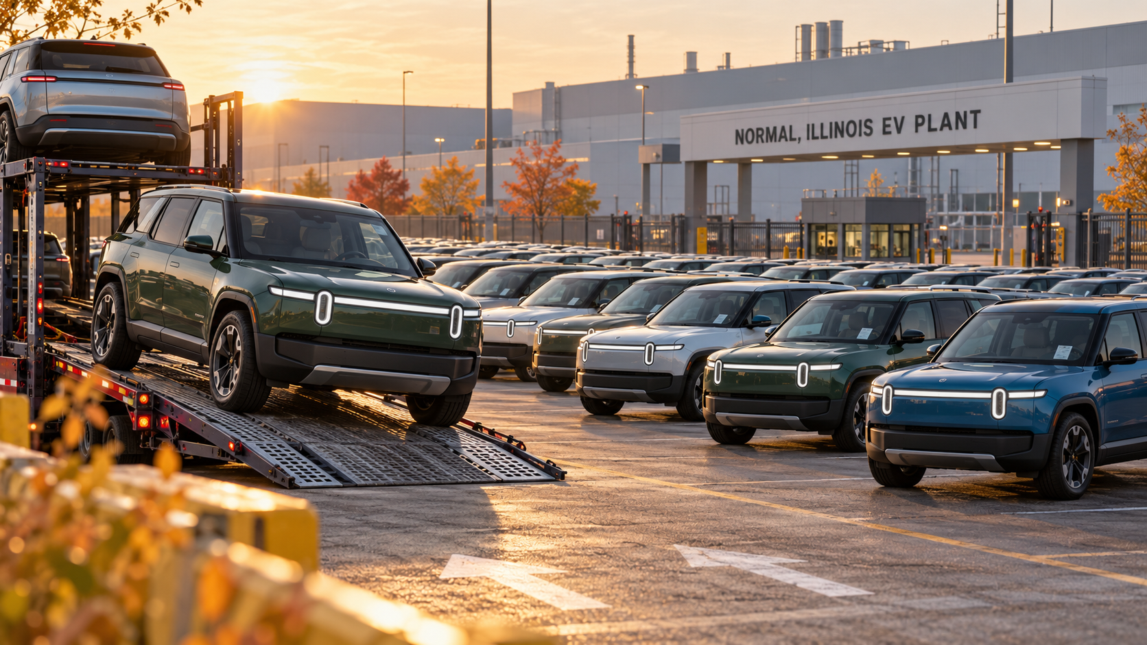 Rows of new R2-like electric SUVs queued on transport ramps outside the Normal, Illinois EV plant show Rivian’s production and delivery surge.