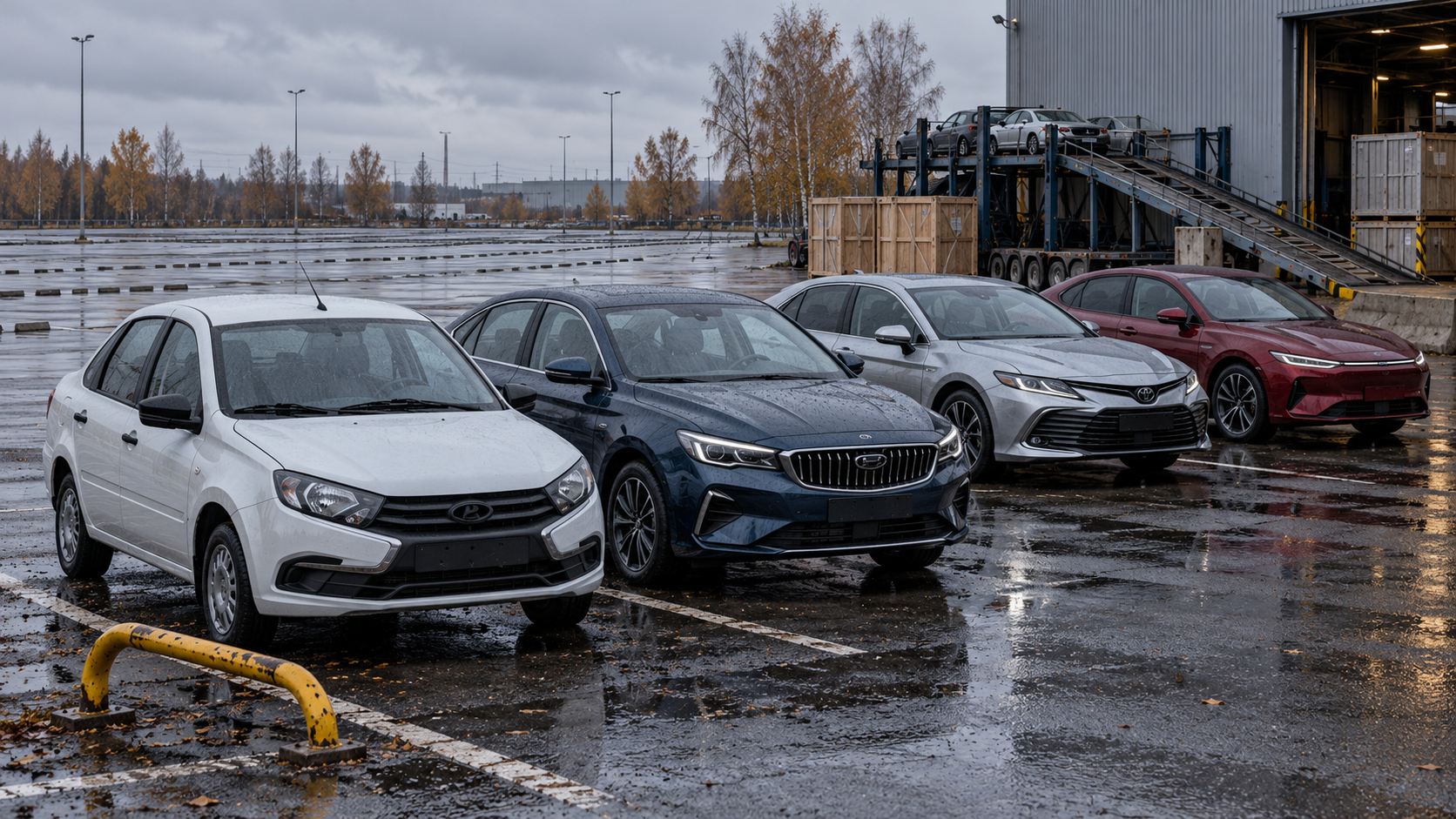 Four remaining sedan choices stand tightly grouped in a vast, nearly empty Russian dealership overflow lot.