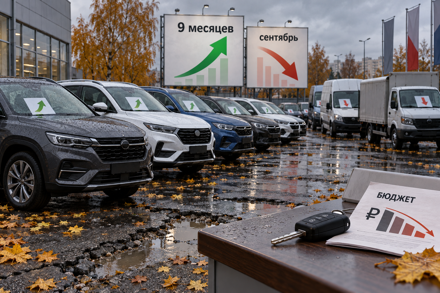 Осенняя площадка автодилера показывает общий рост за девять месяцев и резкое сентябрьское торможение через машины, стрелки и неровный мокрый асфальт.