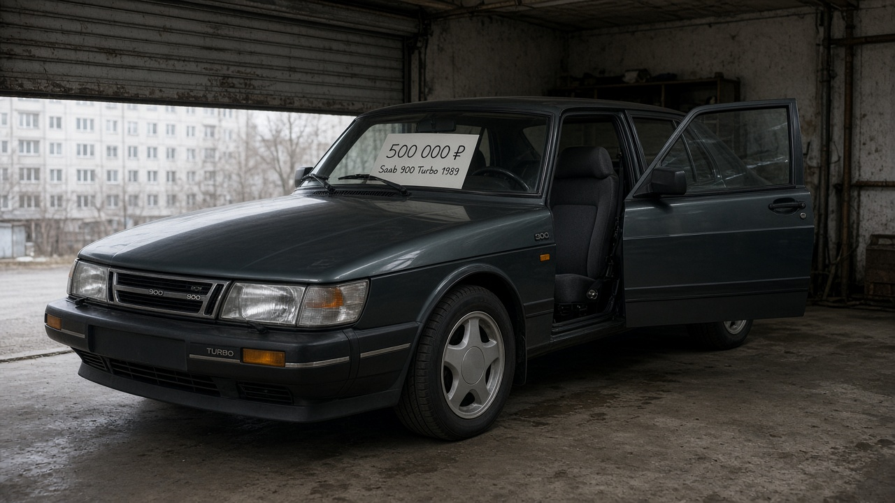 A 1989 Saab 900 Turbo sits in a Barnaul garage with a handwritten «500 000 ₽» sign on the windshield and the ignition switch visible between the front seats.