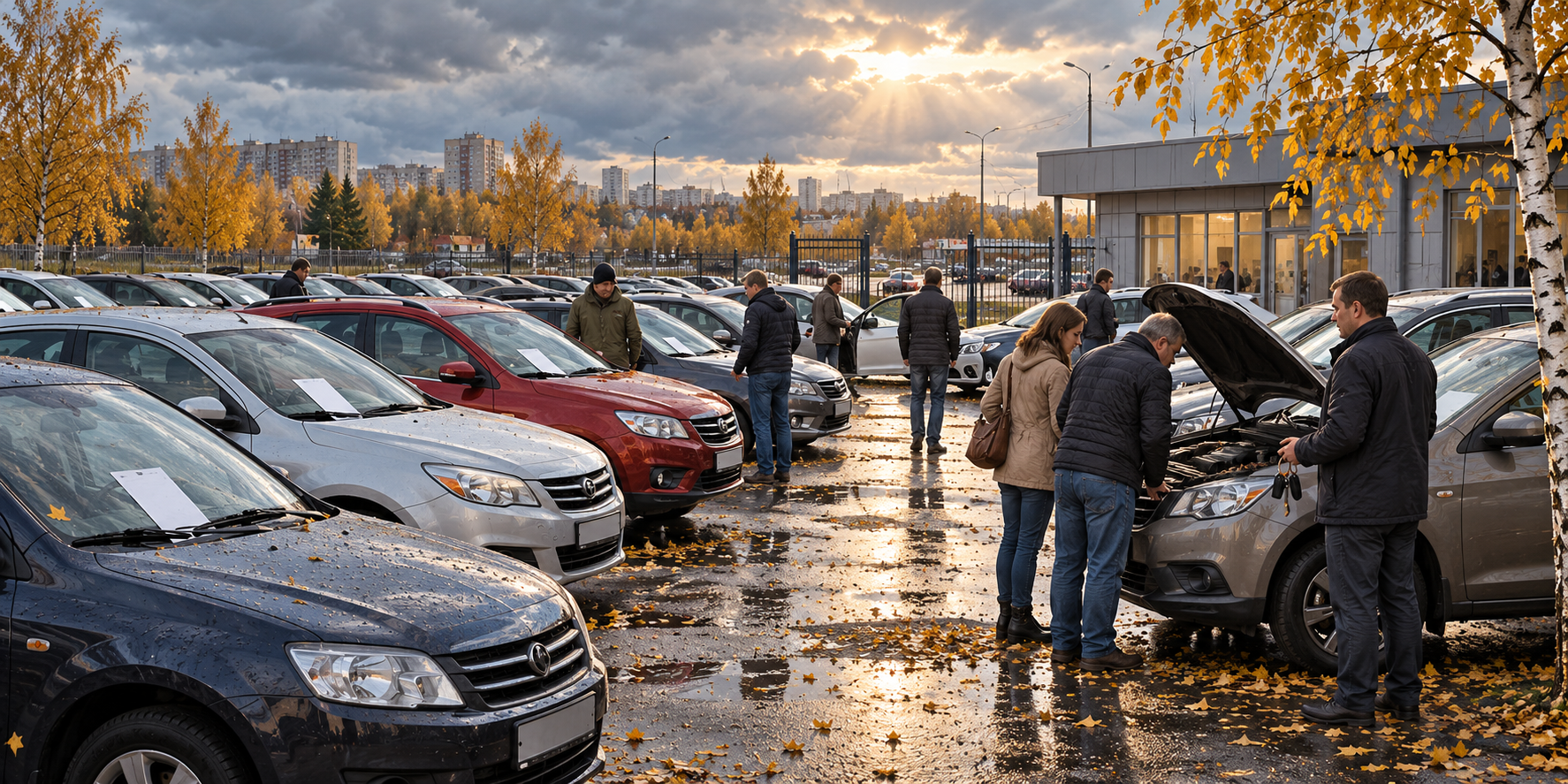 Оживлённая осенняя площадка подержанных автомобилей с покупателями, ключами и рядами машин показывает сентябрьский всплеск спроса.