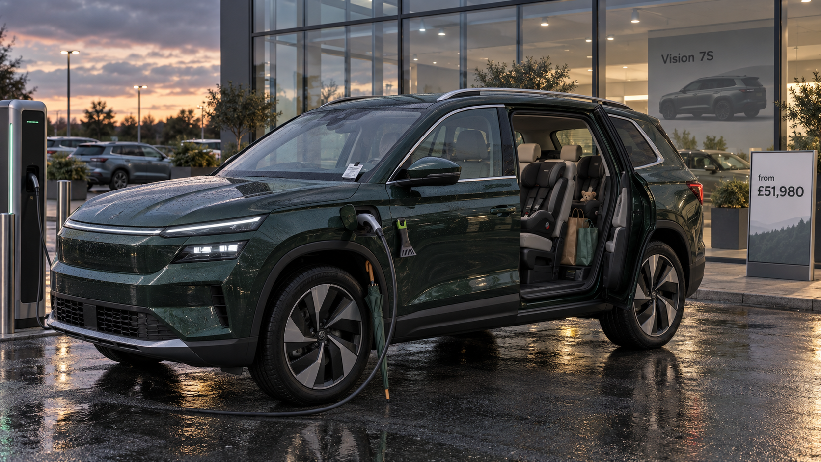 Большой электрический семиместный SUV стоит на мокрой площадке британского дилера с подключённой зарядкой, открытым третьим рядом и табличкой “from £51,980”.