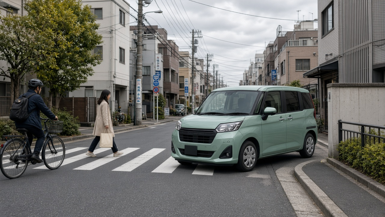 Компактный высокий вэн Subaru Justy осторожно подъезжает к японскому перекрёстку с зеброй, где велосипедист и пешеход ждут на «слепом» углу, откуда кто-то может неожиданно выехать.
