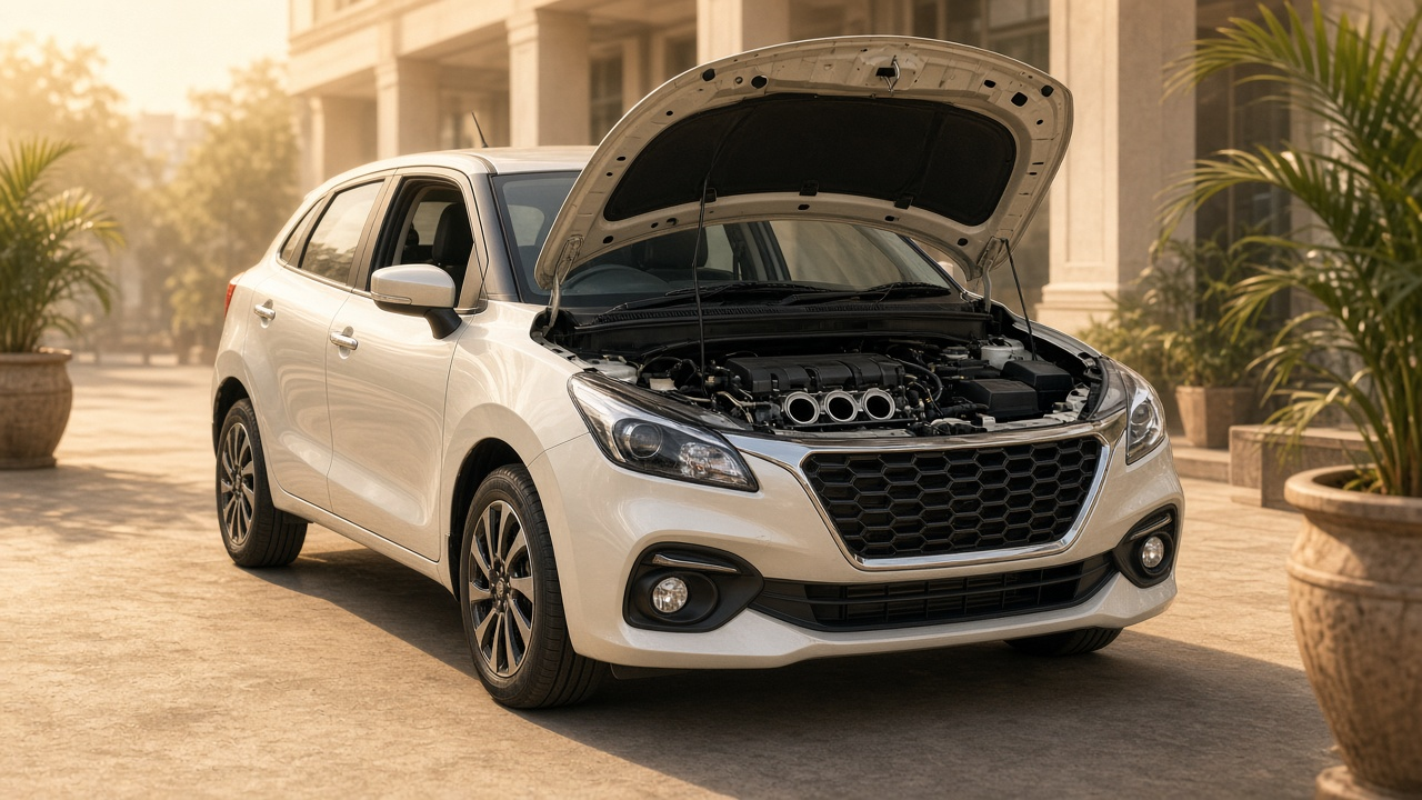 На солнечной площадке индийского автосалона белый Baleno с крупной решёткой стоит с приоткрытым капотом, где виден компактный ряд из трёх цилиндров — рестайлинг снаружи и «минус од