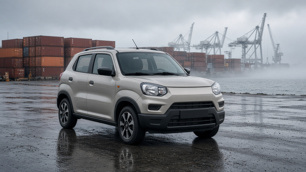 Компактный Suzuki S-Presso стоит один на мокром импортном дворе у портовых контейнеров и кранов — машина только что «добралась» во Владивосток, без людей и без цифр на кадре.