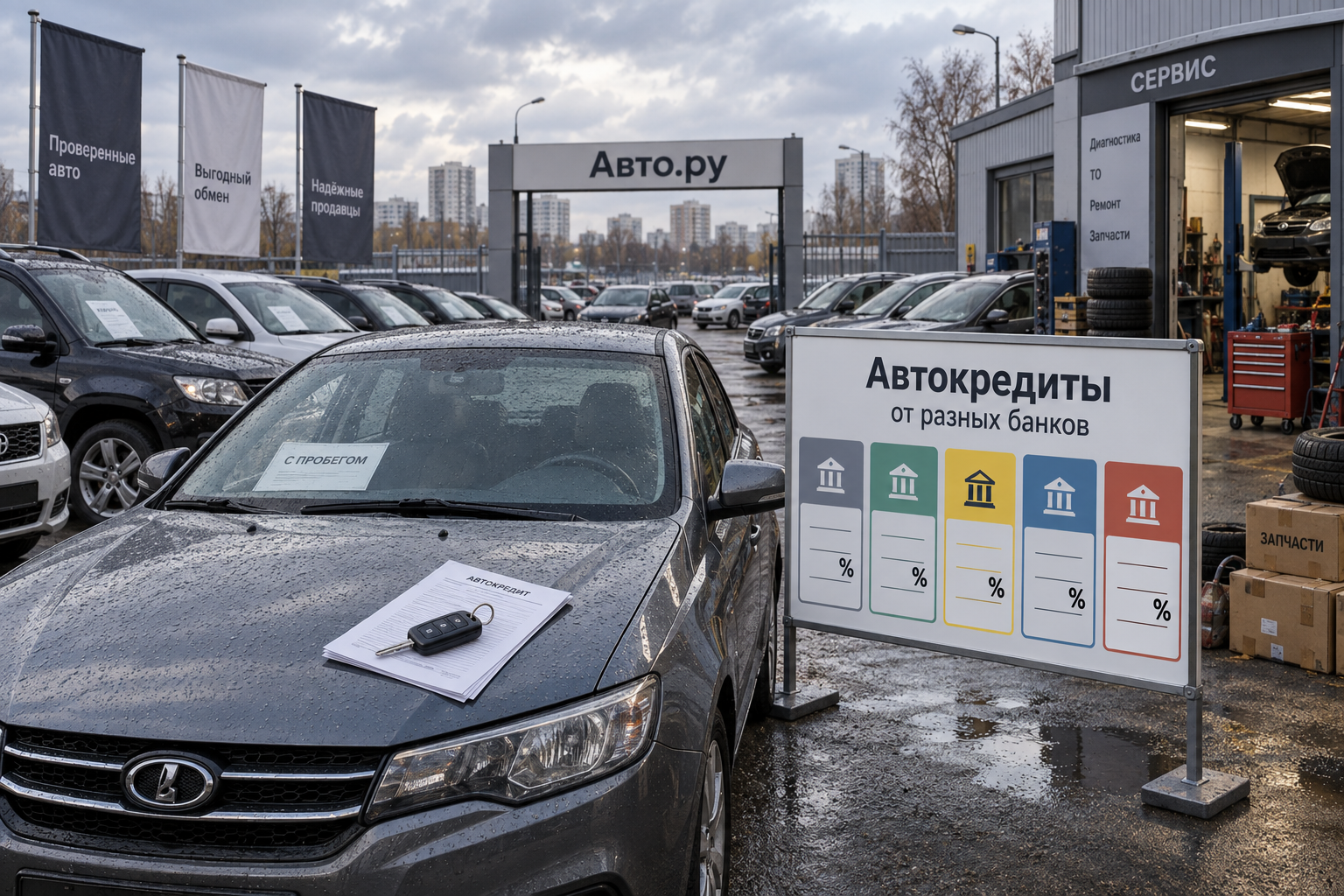 Дилерская стоянка «Авто.ру» показана как рынок машин с равными кредитными карточками разных банков и сервисным боксом для ремонта, подчёркивая открытую витрину после покупки Т-Банк