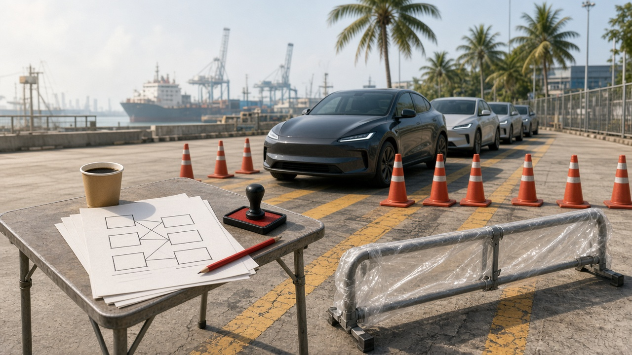 Unbranded imported electric cars line a tropical Thai customs lane while a still-wrapped barrier and hand-sketched three-step draft papers on a field table show the excise hike exi