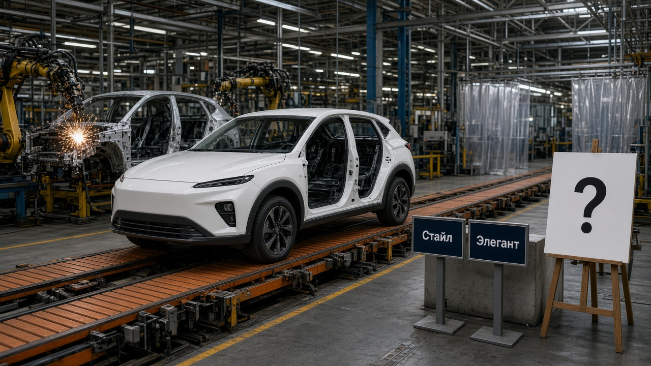 Белый кроссовер Tenet Plus L4 едет по конвейеру бывшего завода Hyundai в Сестрорецке, рядом — таблички «Стайл» и «Элегант», а цена на стенде пока заменена знаком вопроса.