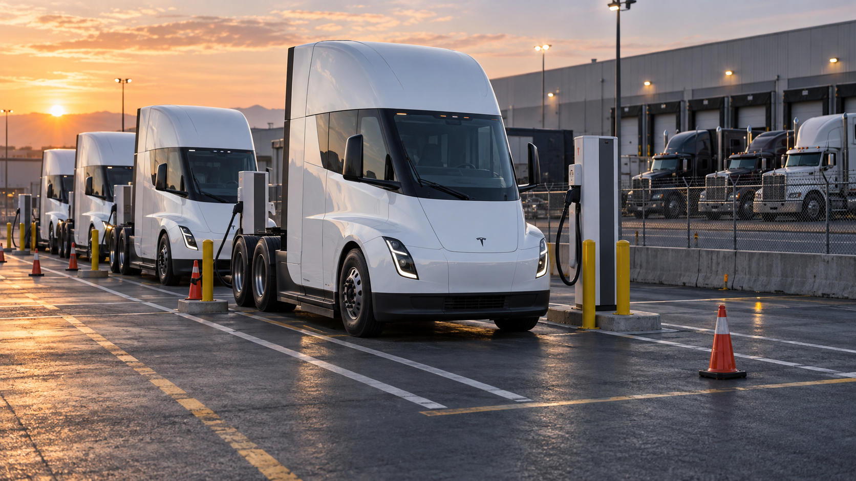 A lineup of Tesla Semi Class 8 electric tractors charging in a U.S. freight depot makes the large fleet order recognizable without relying on the headline.
