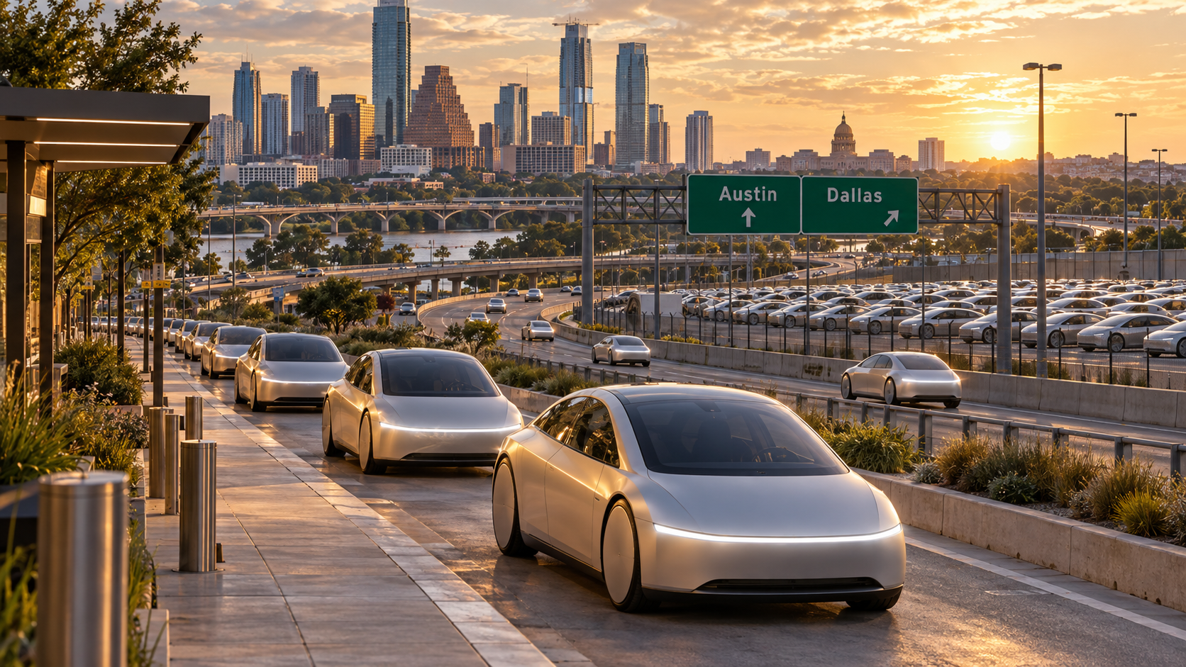 A large driverless Cybercab fleet fills an Austin robotaxi lane and depot while a highway sign points onward to Dallas.