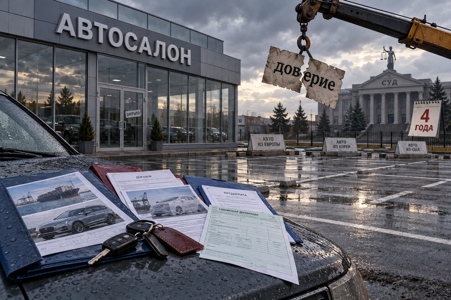 Пустой тольяттинский автосалон с документами и ключами на капоте показывает обещанный импорт машин, который закончился судом и сроком.