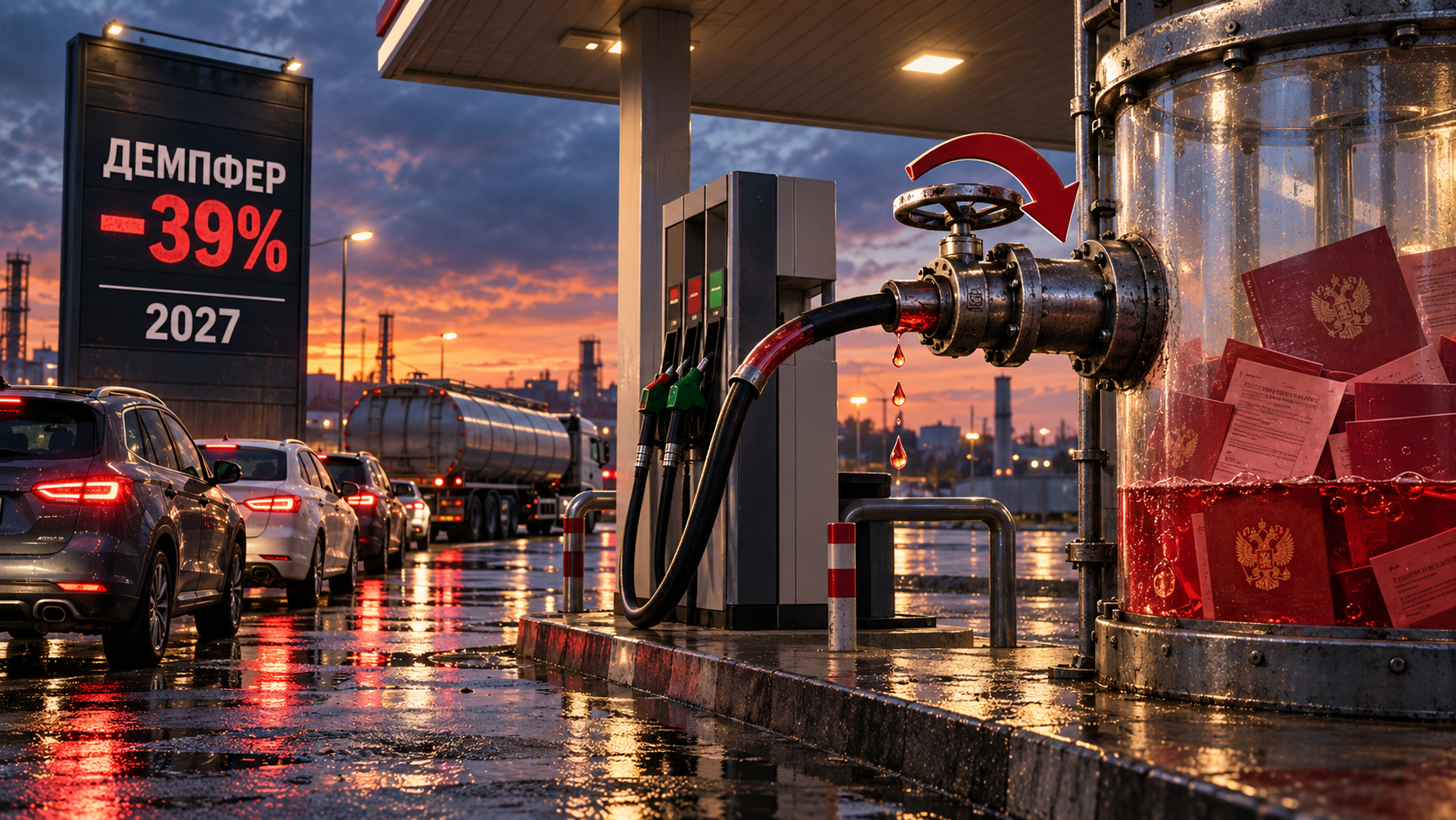 A Russian gas station at dusk shows the fuel damper being visibly “turned down” with a valve, a blank price board marked “ДЕМПФЕР −39%” and “2027,” and cars waiting behind the pump