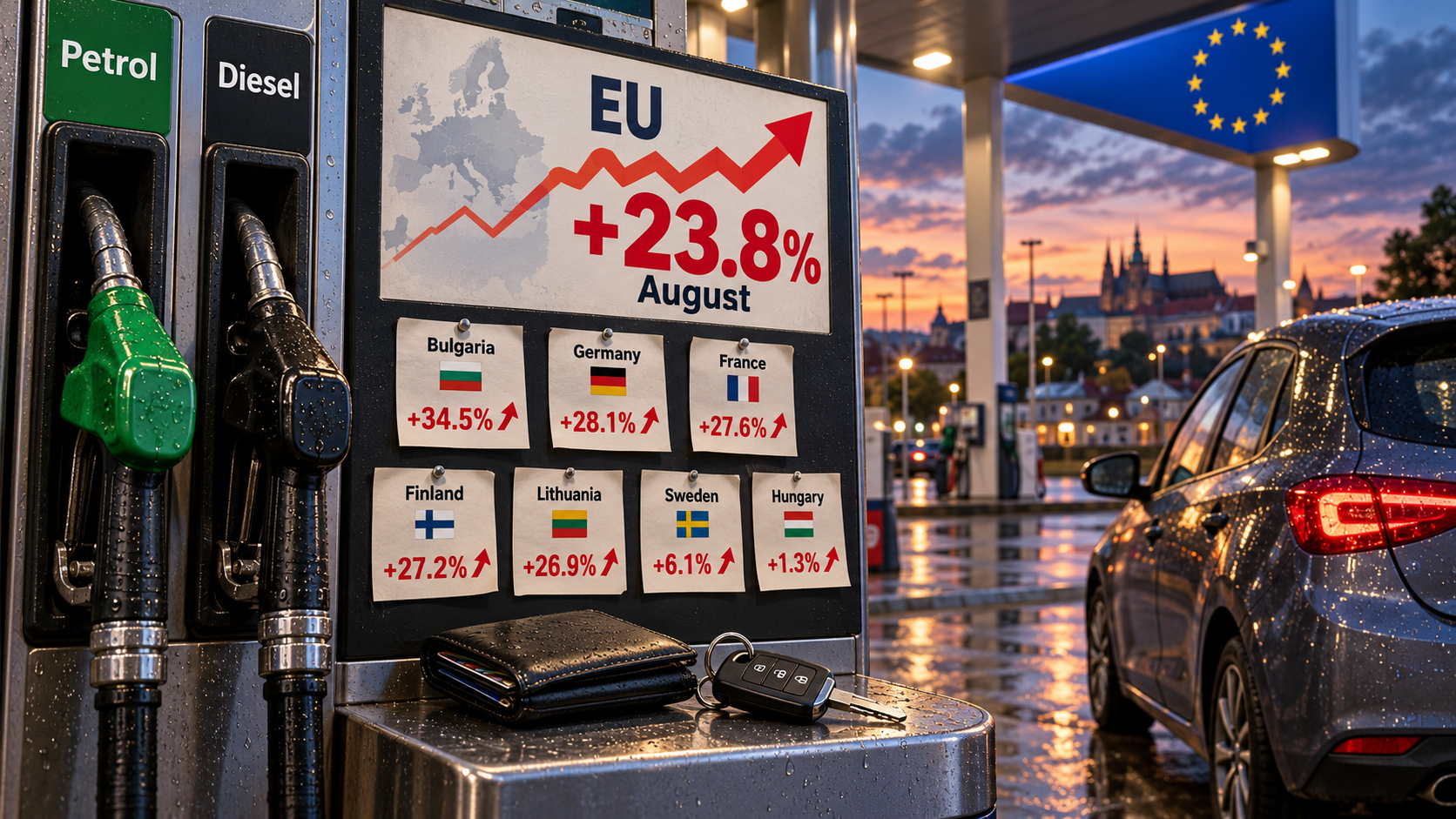 EU gas station pump at dusk shows a sharp +23.8% August fuel-price jump with petrol, diesel, wallet, car keys, and country-specific surge notes.
