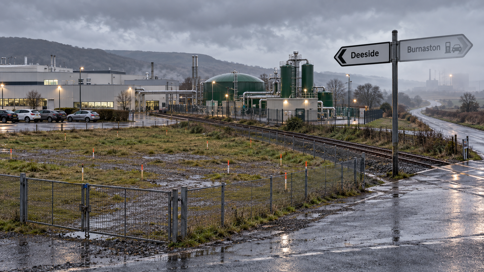 Пустой участок под расширение у завода Deeside и биометановая установка через рельсы показаны как развилка Toyota UK, где направление Burnaston уходит в туман электрического будуще