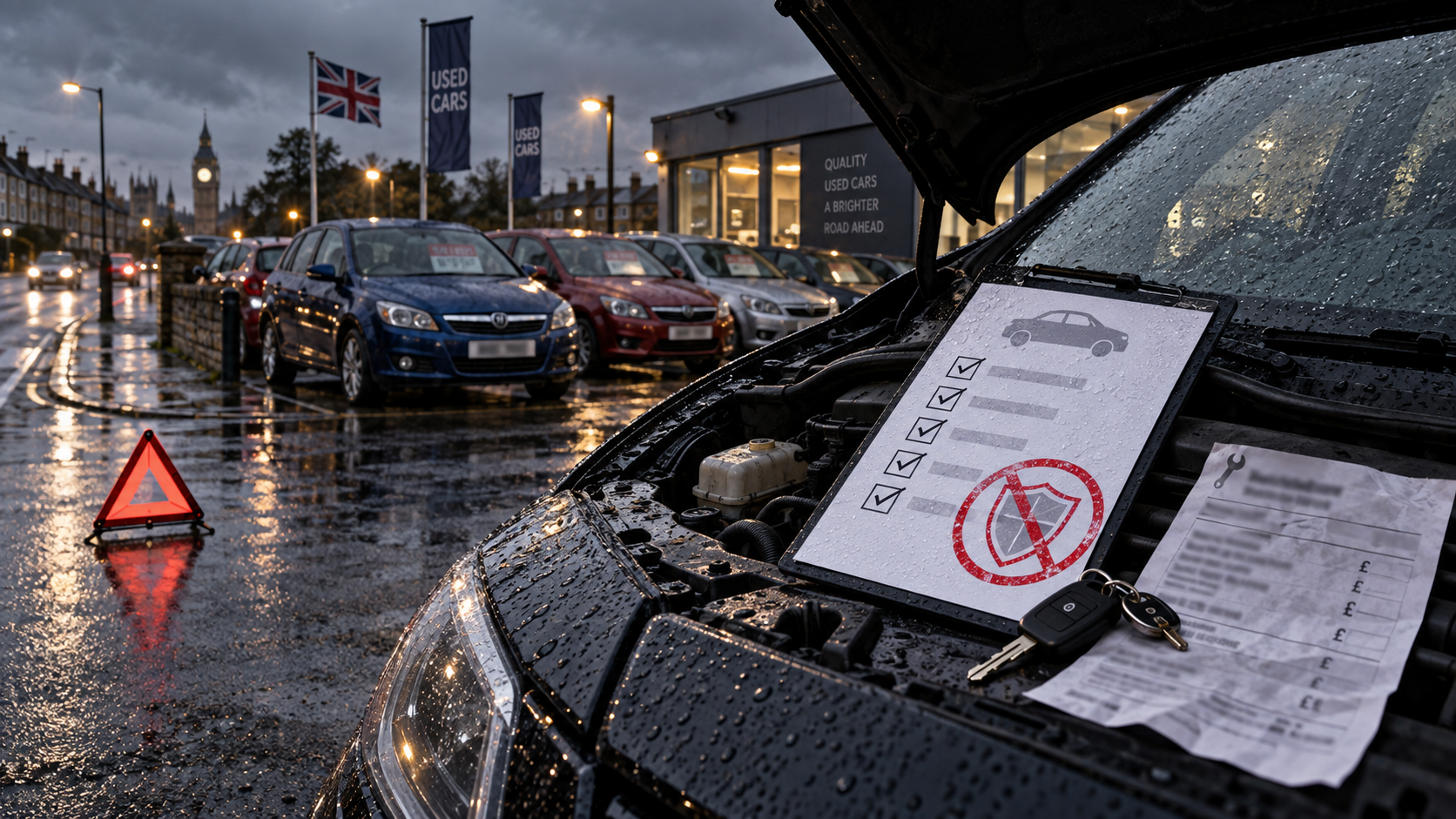 A rain-soaked British used-car dealer forecourt shows an open-bonnet car with a generic pre-sale checklist and repair estimate, making the failed promise of dealer inspection visib